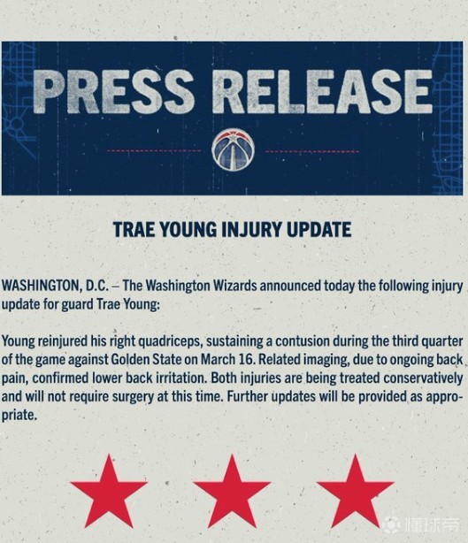 奇才官方：特雷-楊右股四頭肌挫傷+下背部刺激，將無限期缺戰
